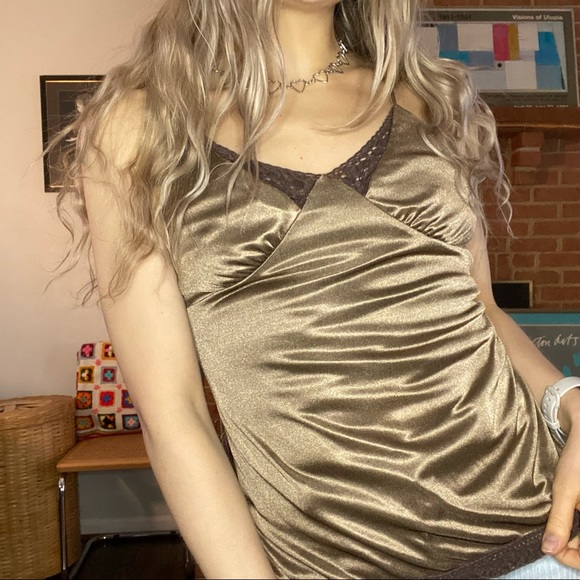 Vintage Tops - Vintage Y2K Silky Chocolate Lace Detail Cami Spaghetti Strap Tank Xhilar…